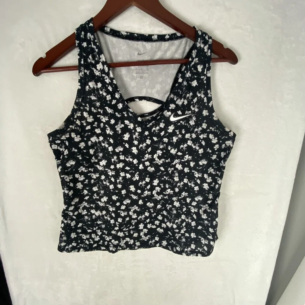 Nike Cropped Tank Top Women Small Black Victory Floral Dri Fit Slim Fit Pullover